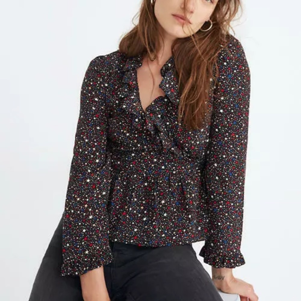 Madewell silk ruffle hem wrap top starry night